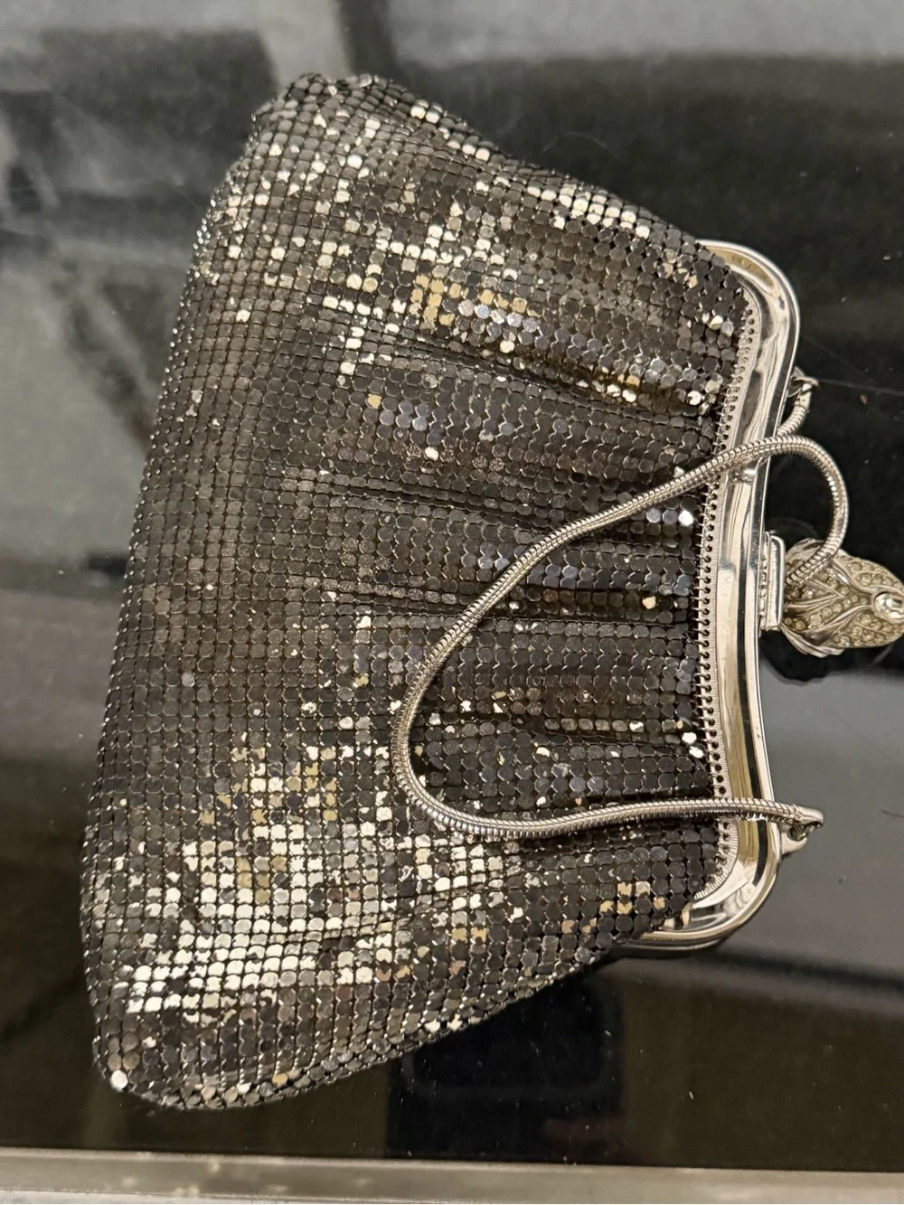 Vintage Whiting & Davis Silver Sequin Evening Bag Metal Frame & Rhinestone claps
